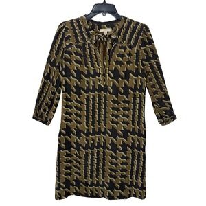 Burberry Brit Silk Shift Dress Olive Black Geometric Houndstooth Tie Neck Size 4